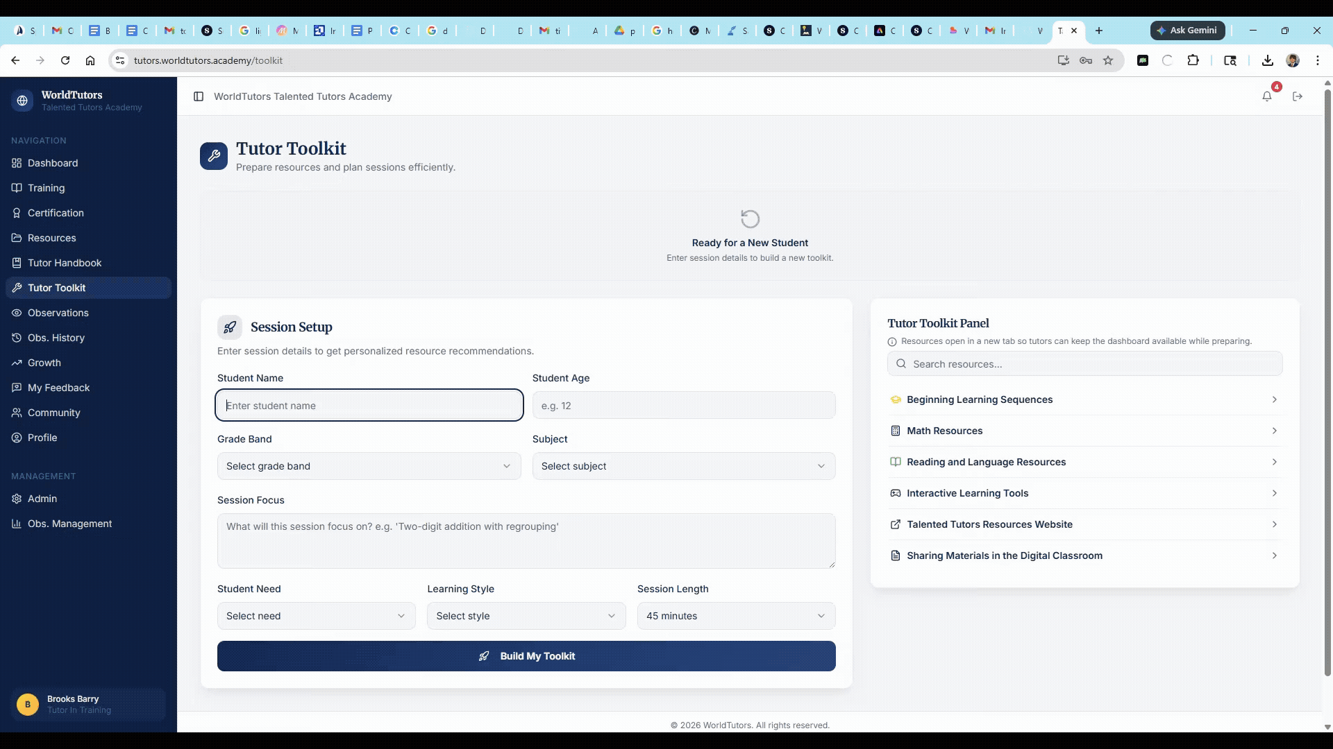 Talented Tutors Academy Tutor Toolkit: session setup, resource panel, and planning tools